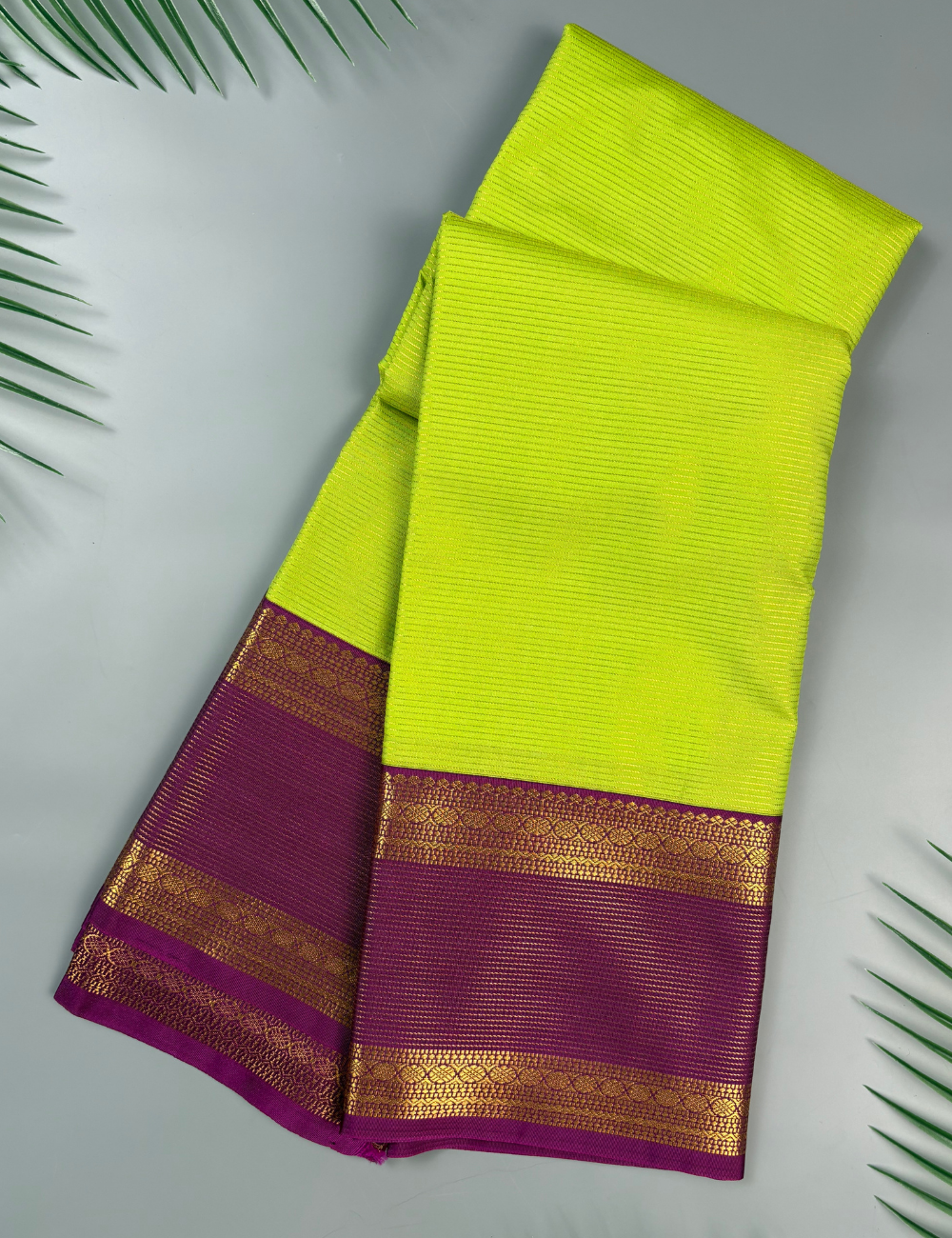 Lime Green Soft Kanjivaram Semi Silk Saree with Wine Purple Gold Zari Border