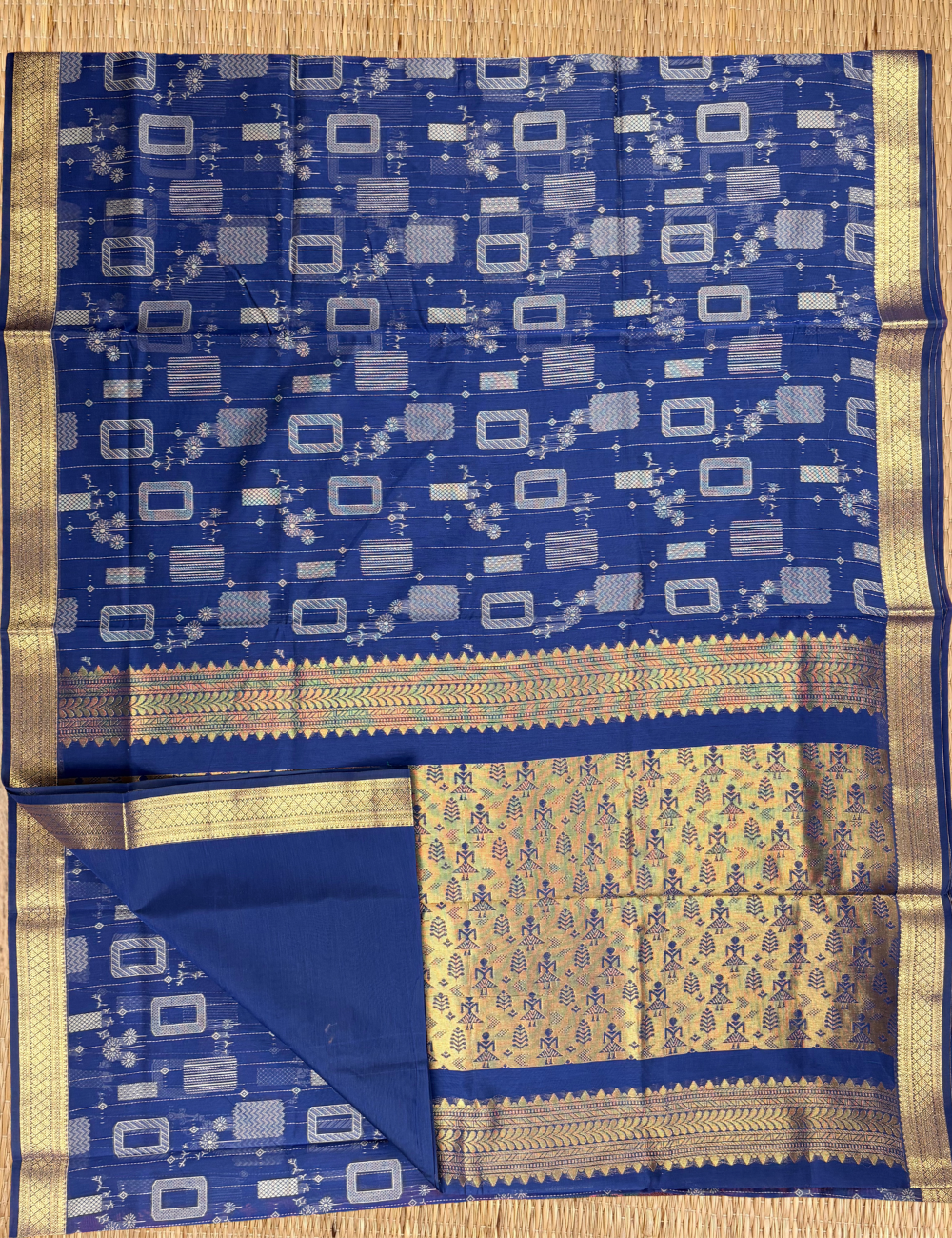 Royal Blue Geometric Aranya  Cotton Saree with Gold Zari Border