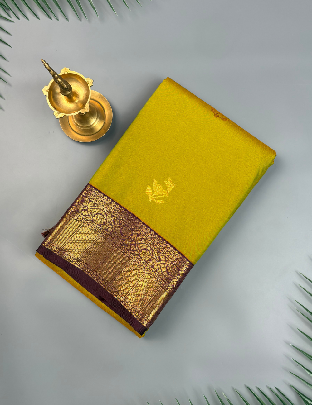 Arappu Green Soft Semi Silk Kanjivaram Saree with Brownish Purple Korvai Border