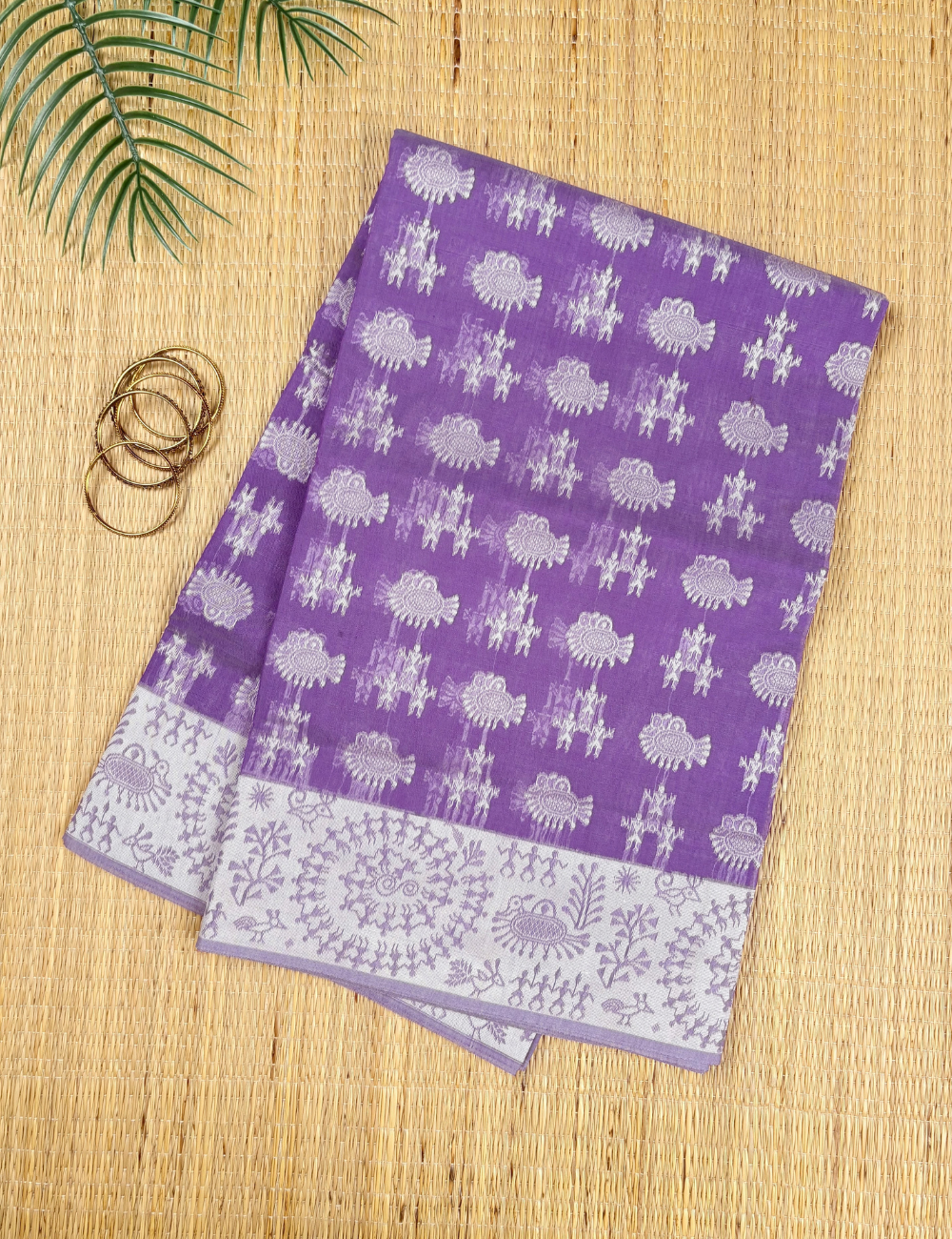 Lavender Folk Motif Heritage Woven Aranya Cotton Saree