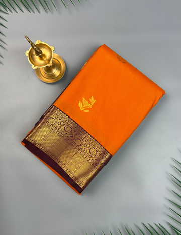 Bright Mango Yellow Soft Semi Silk Kanjivaram Saree with Brown Border