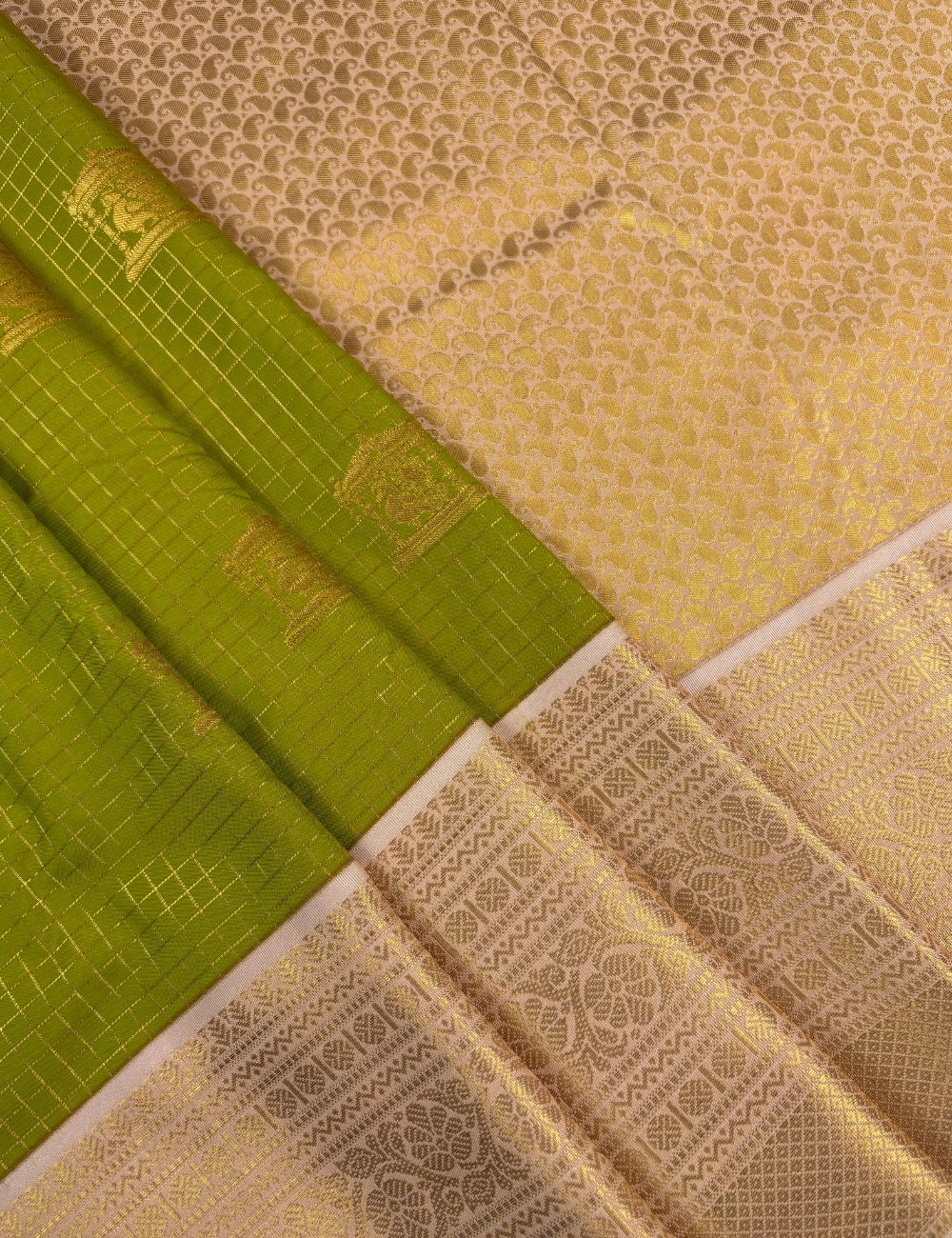 Green Kanjivaram Semi Silk Saree with Antique Gold Korvai Floral Brocade Zari Border