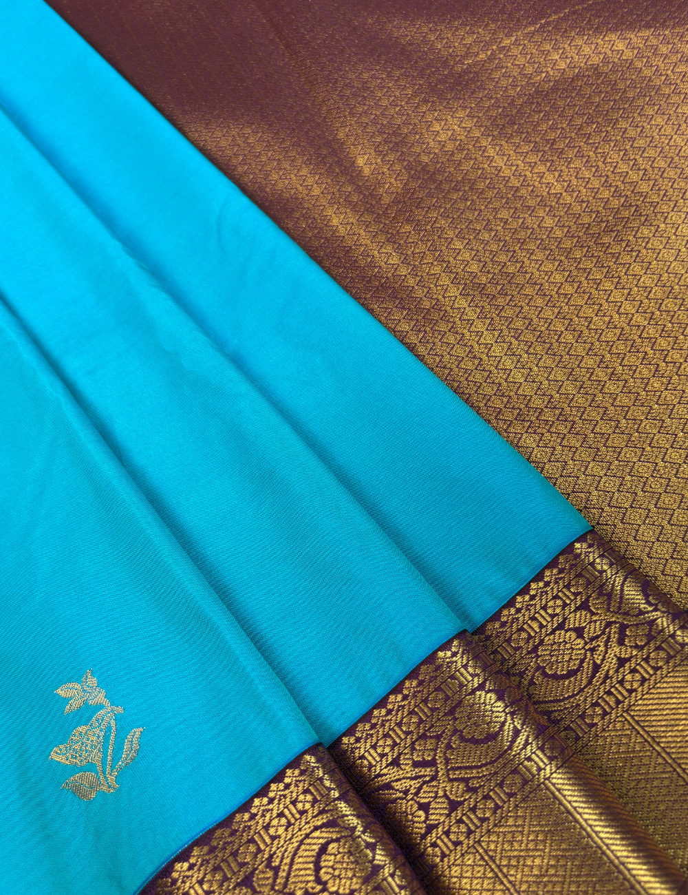 Sky blue Semi Silk Kanjivaram Saree with brown purple Border