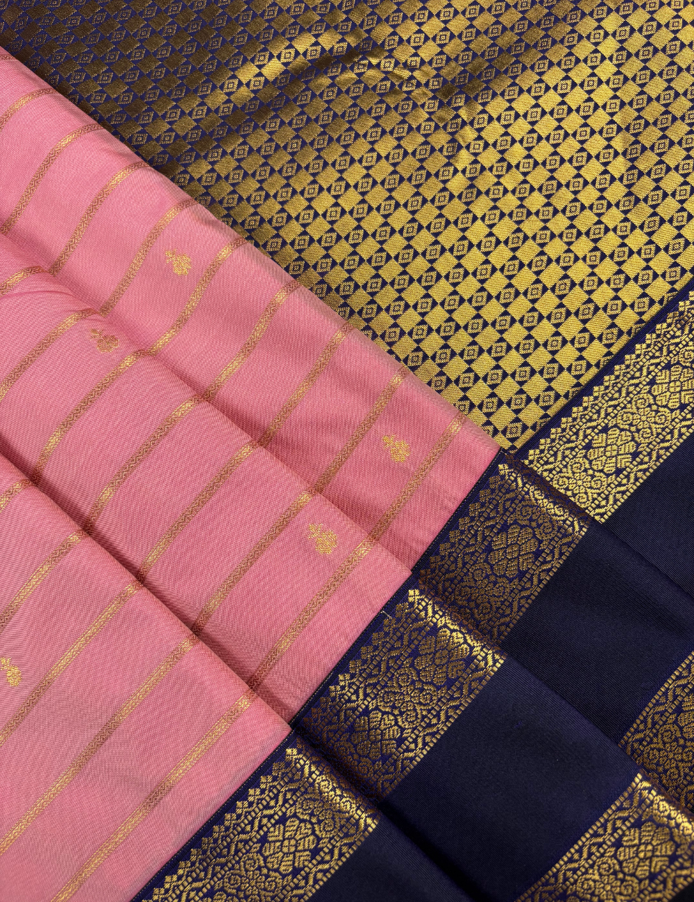 Pink Soft Semi Silk Kanjivaram Saree with Navy Blue Korvai Gold Zari Border