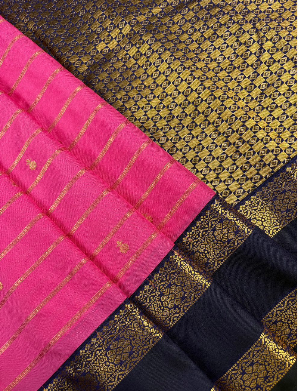 Rose Pink Soft Semi Silk Kanjivaram Saree with Navy Blue Korvai Gold Zari Border