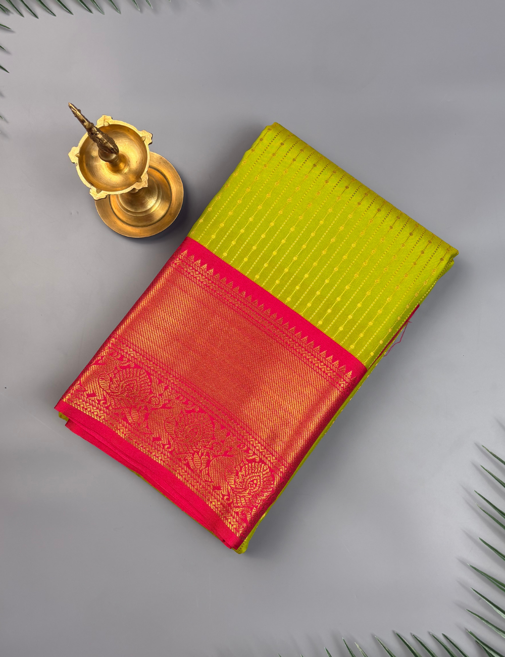 Parrot Green Soft Semi Silk Kanjivaram Saree with Pink Korvai Border