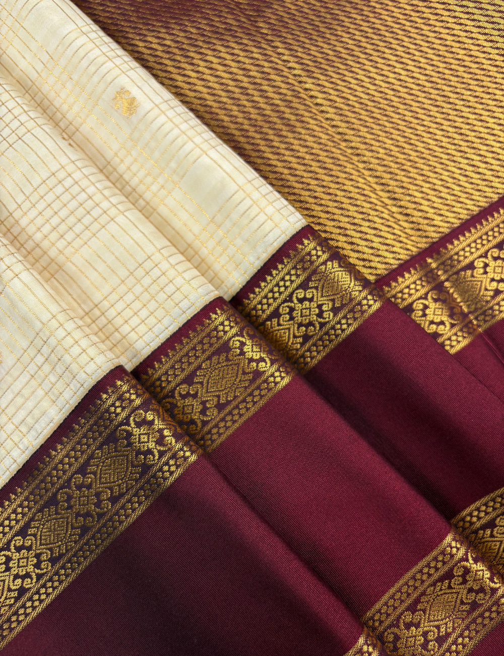 Ivory Soft Semi Silk Kanjivaram Saree with Maroon KorvaiZari Border