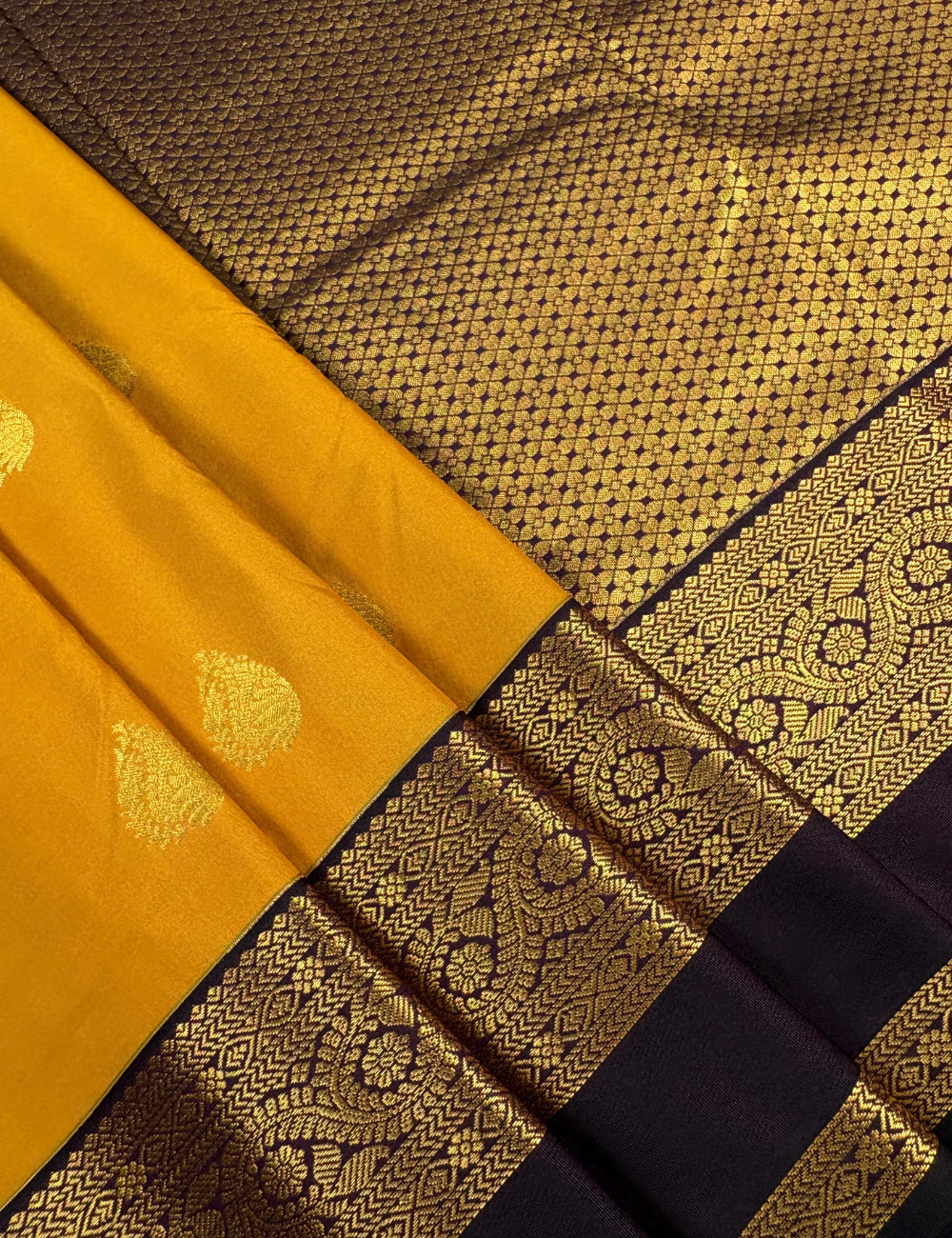 Mustard Yellow Soft Kanjivaram Semi Silk Saree with Deep purple Korvai Gold Zari Border