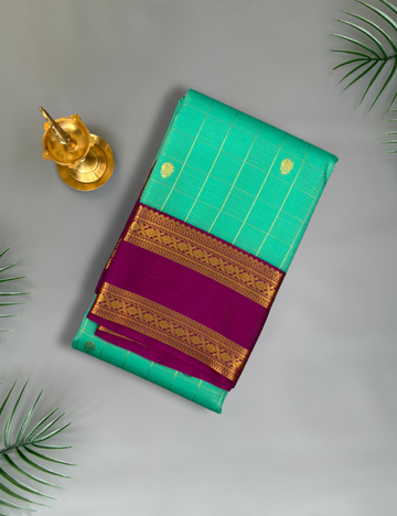 Rama Green Soft Semi Silk Kanjivaram Saree with Magenta Korvai Retta Pettu Zari Border