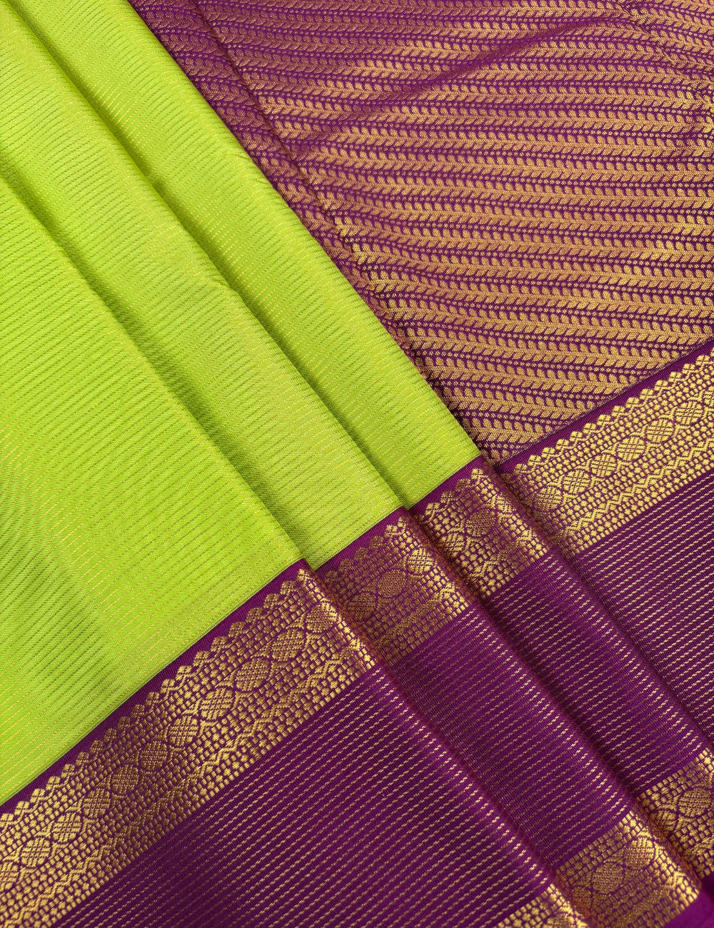 Lime Green Soft Kanjivaram Semi Silk Saree with Wine Purple Gold Zari Border