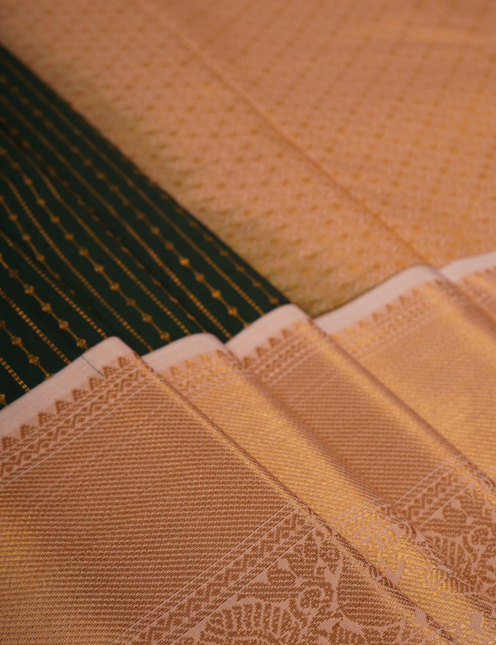 Bottle Green Soft Semi Silk Kanjivaram Saree with Half white Zari Border