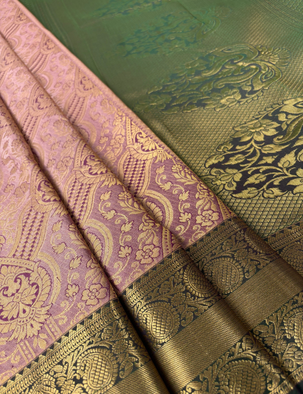 Dusty Lilac Brocade Lightweight Soft Semi Silk Saree with Antique Gold Zari Floral Border