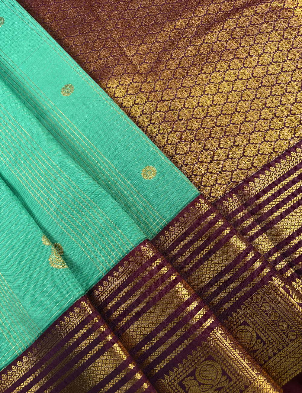 Sea Green Soft Semi Silk Kanjivaram Saree with Maroon Korvai Zari Border