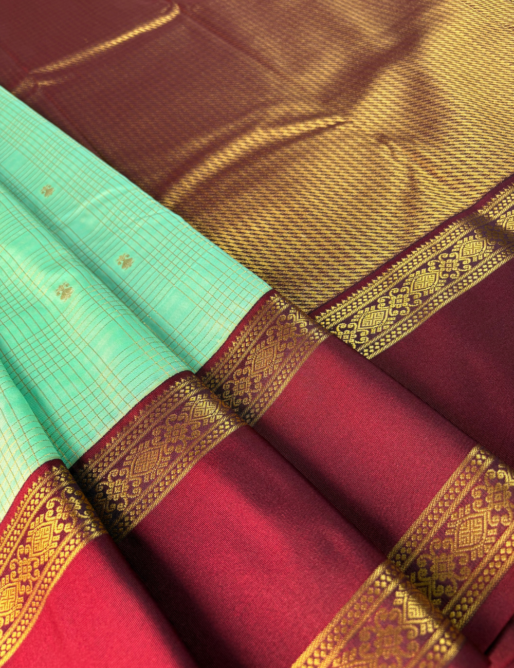 Sea green soft semi silk Kanjivaram Saree with Maroon Korvai Border