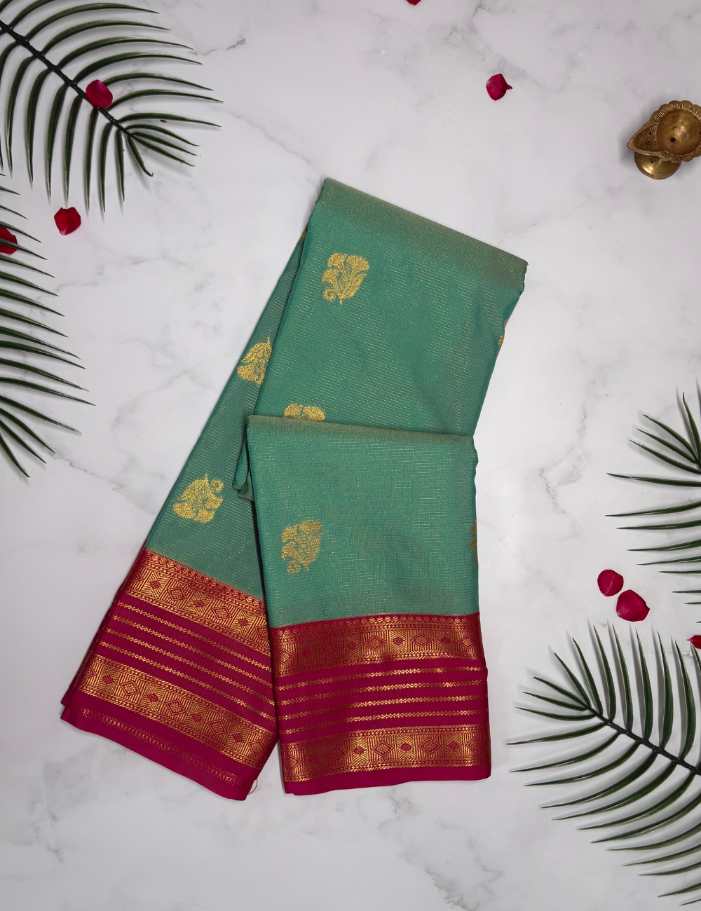 Sea Blue Soft Semi Silk Kanjivaram Saree with Korvai Rani Rose Border