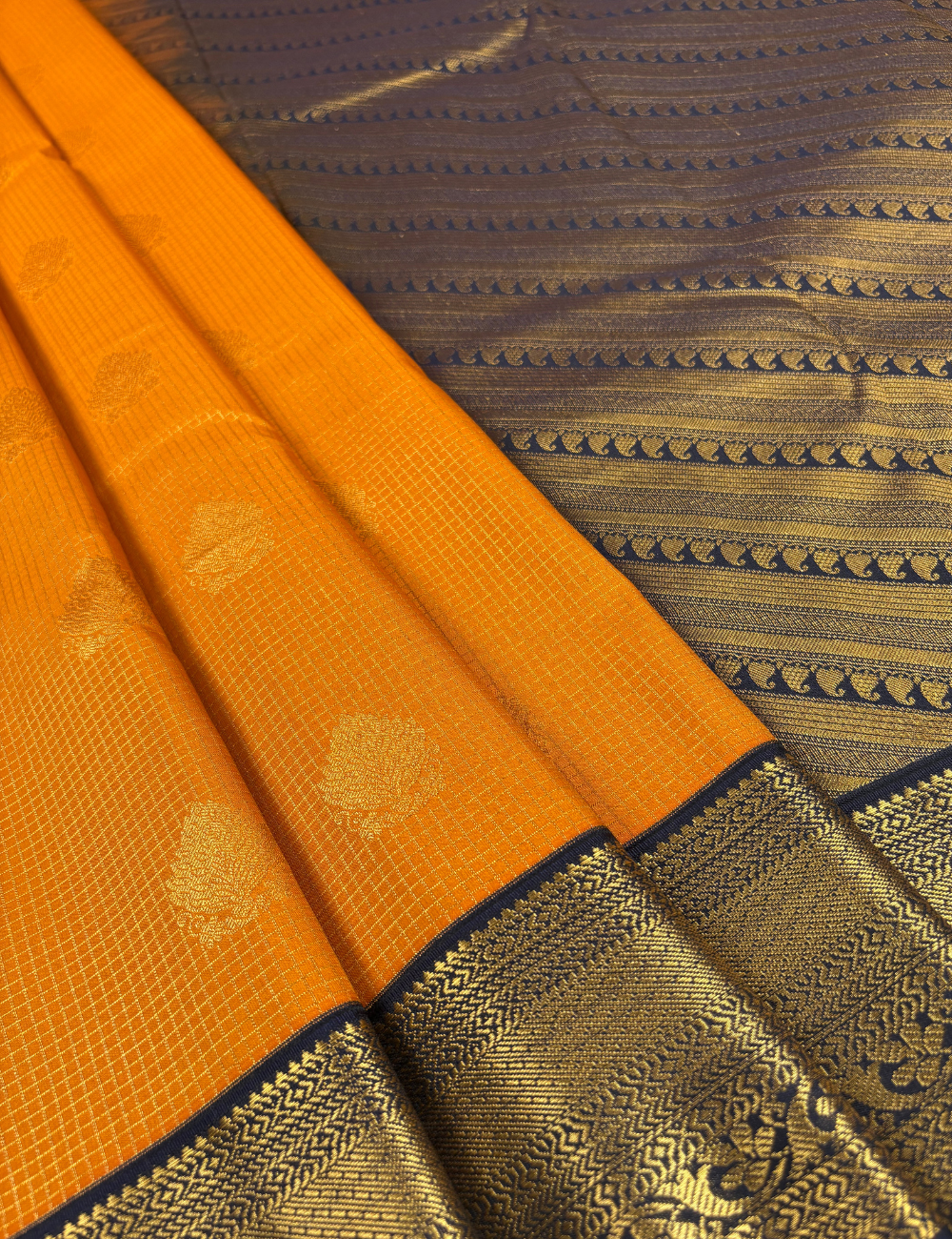 Marigold yellow Soft Kanjivaram Semi Silk with Korvai Navy Border Saree
