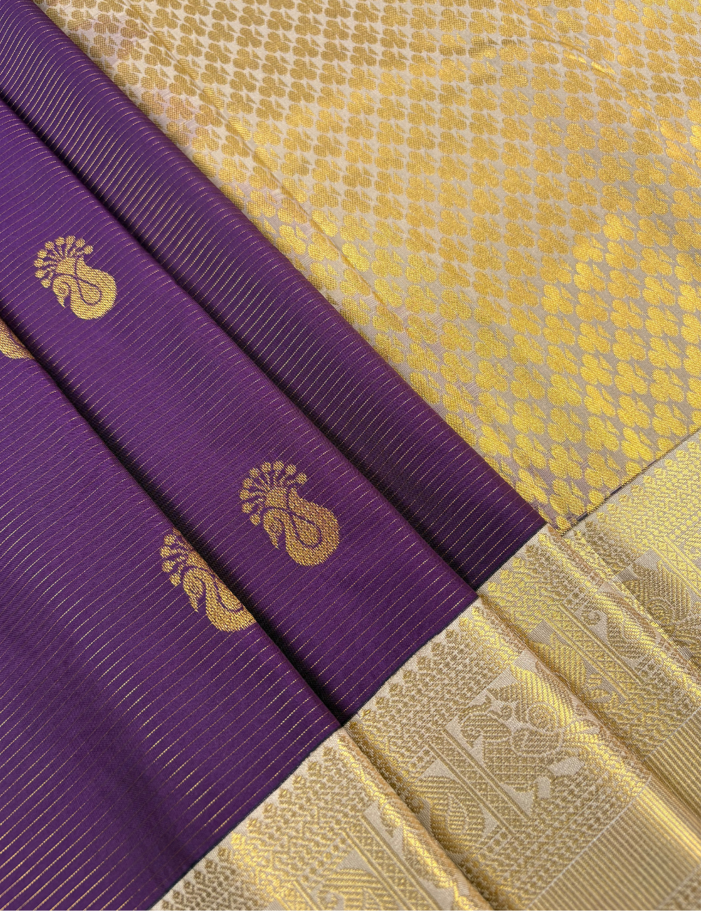 Royal Violet Soft Semi Silk Kanjivaram Saree with Cream Korvai Gold Zari Border