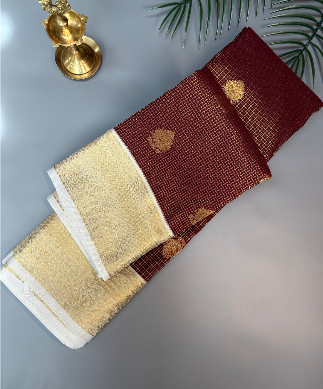 Brown Kanjivaram Semi Silk Saree with Ivory Gold Zari Border | Traditional Wedding Silk Saree