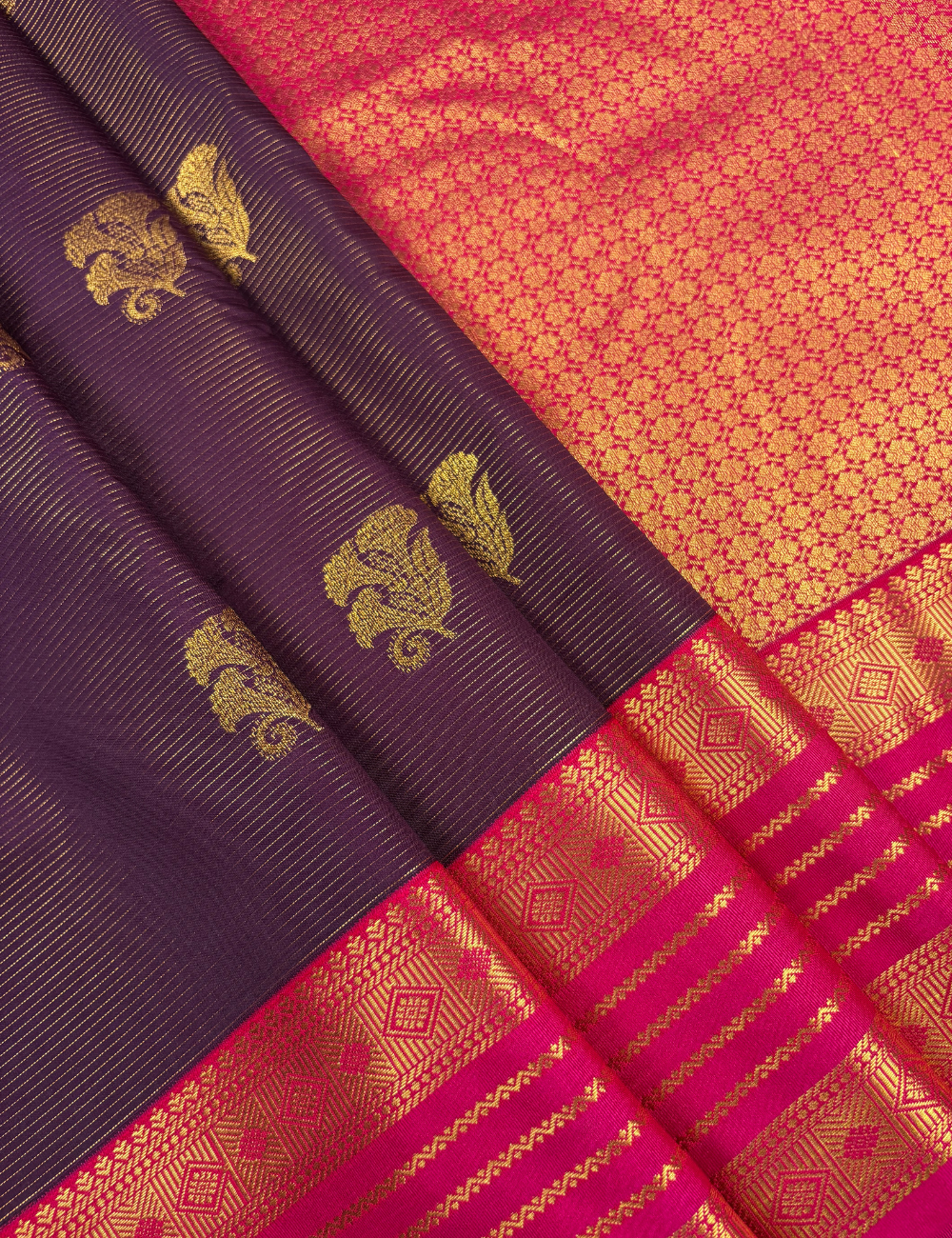 Wine Purple Soft Semi Silk Kanjivaram Saree with Rich Pink Korvai Zari Border