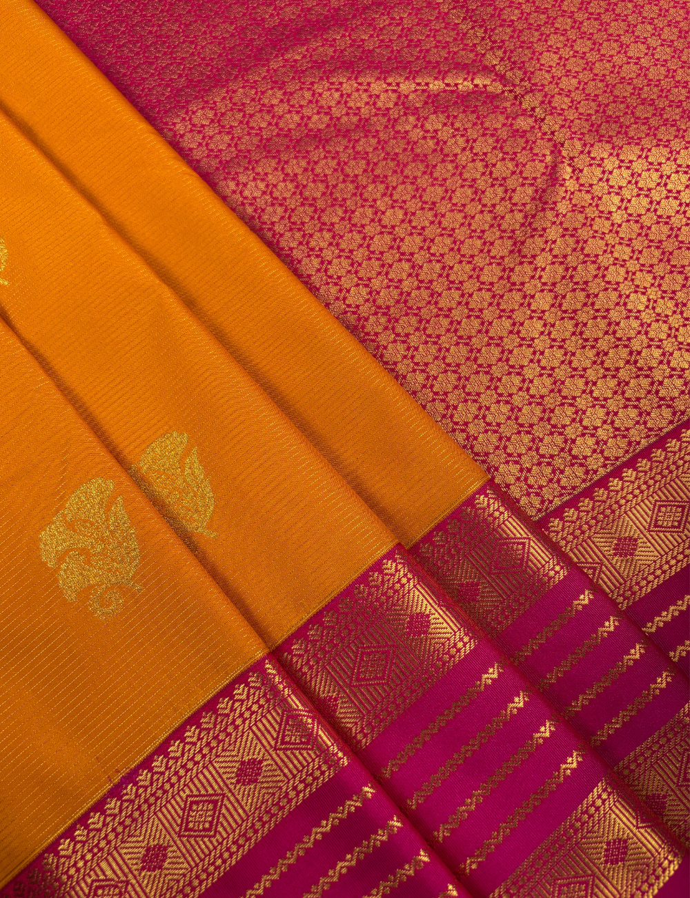 Golden Yellow Soft Semi Silk Kanjivaram Saree with Rani Pink Korvai Gold Zari Border