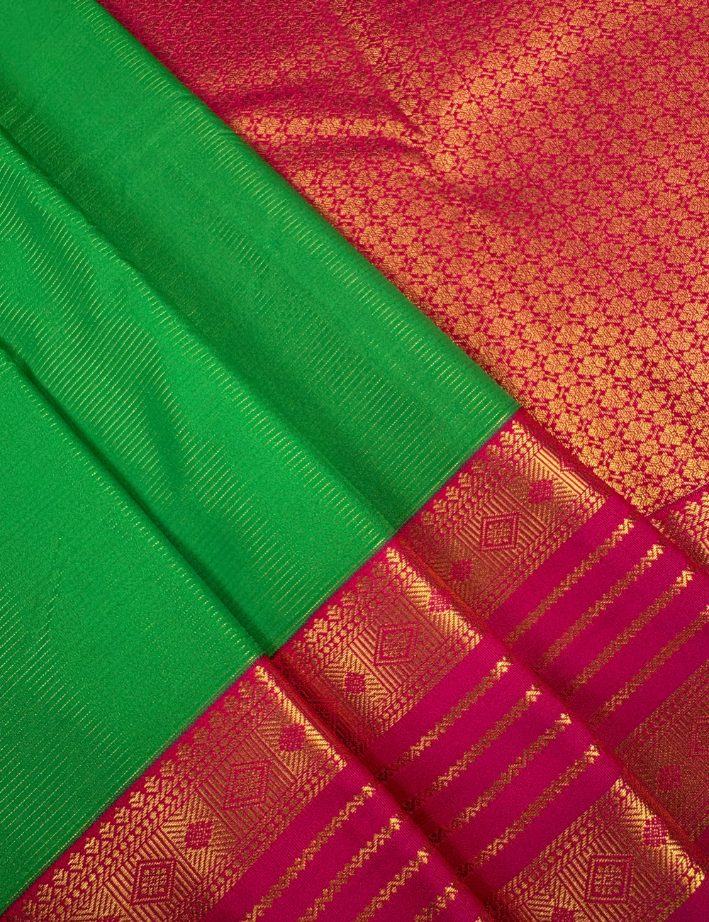 Parrot Green Soft Semi Silk Kanjivaram Saree with Rose Pink Korvai Border