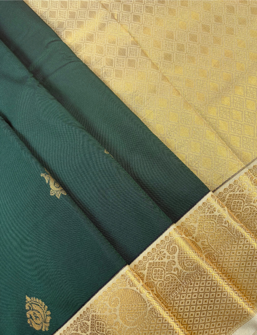 Bottle Green Soft Kanjivaram Semi Silk Saree with Ivory Golden Zari Border