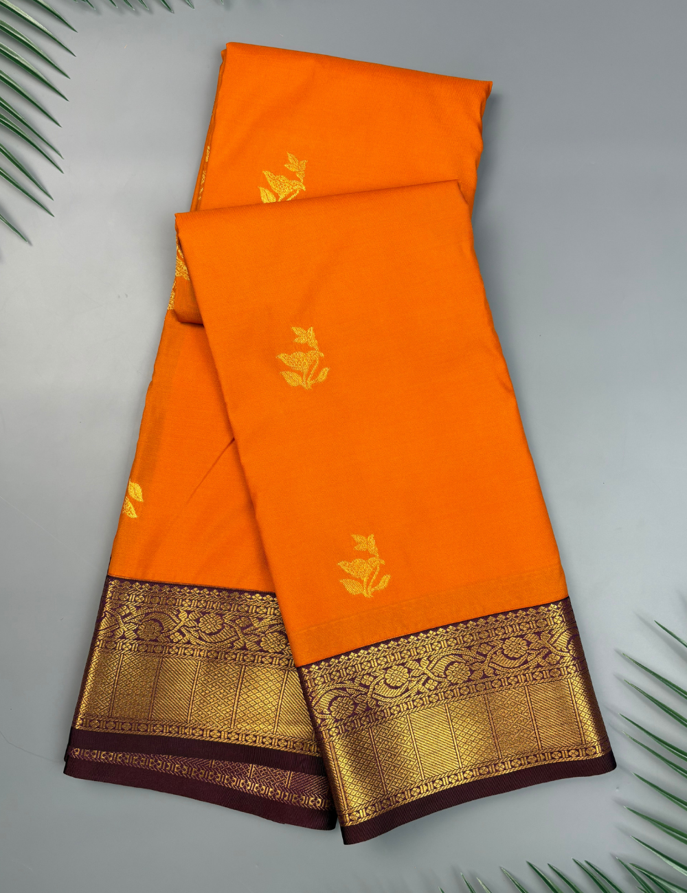 Bright Mango Yellow Soft Semi Silk Kanjivaram Saree with Brown Border