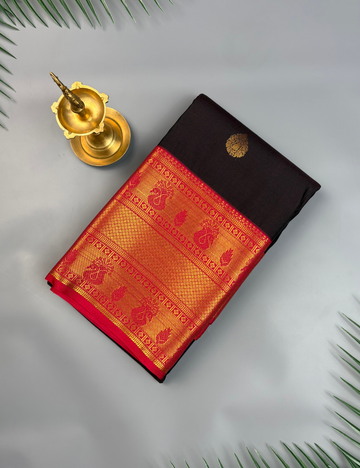 Black Soft Semi Silk Kanjivaram Saree with Red Korvai Gold Zari Border