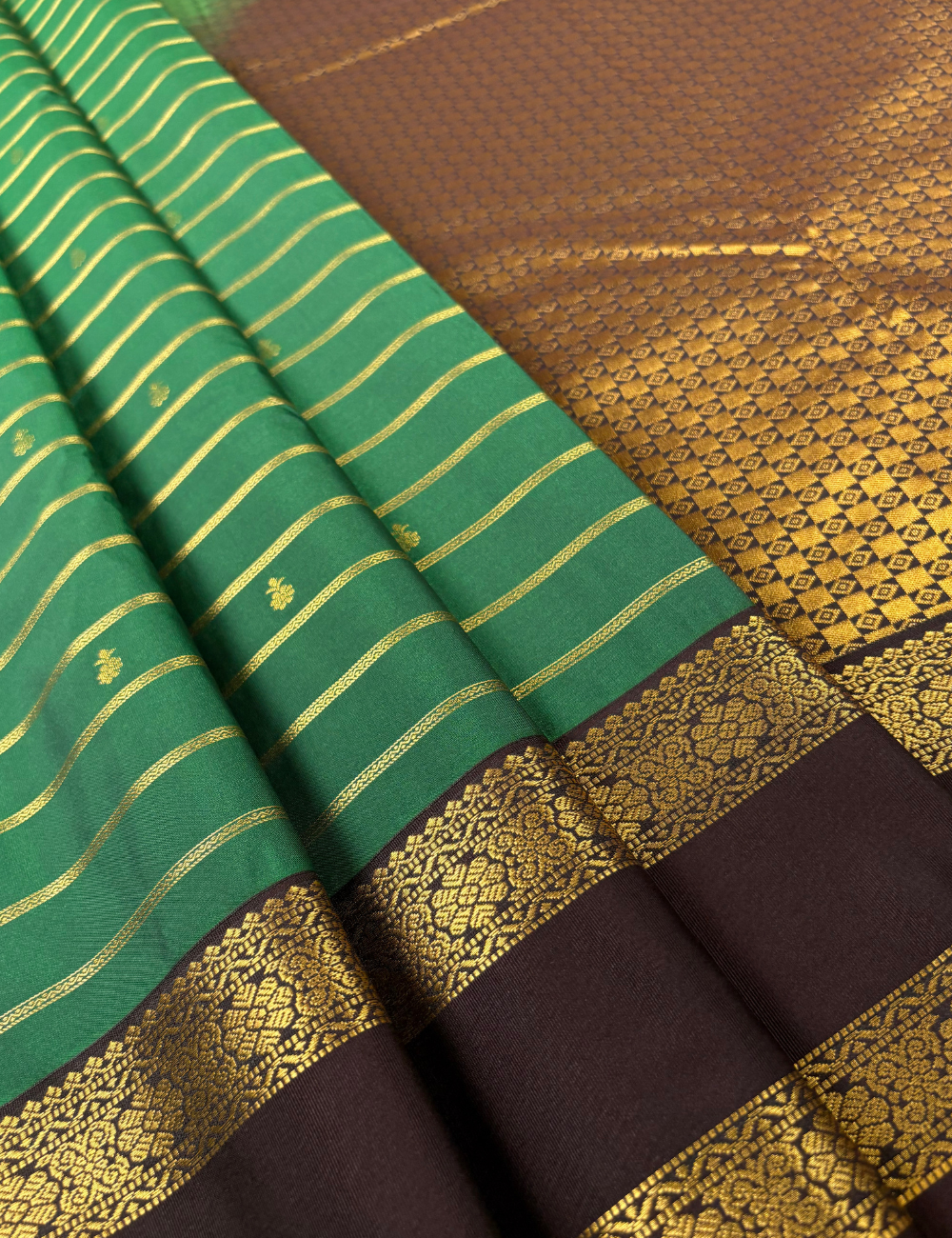 Bottle Green Soft Semi Silk With Korvai Wine Zari Border Saree