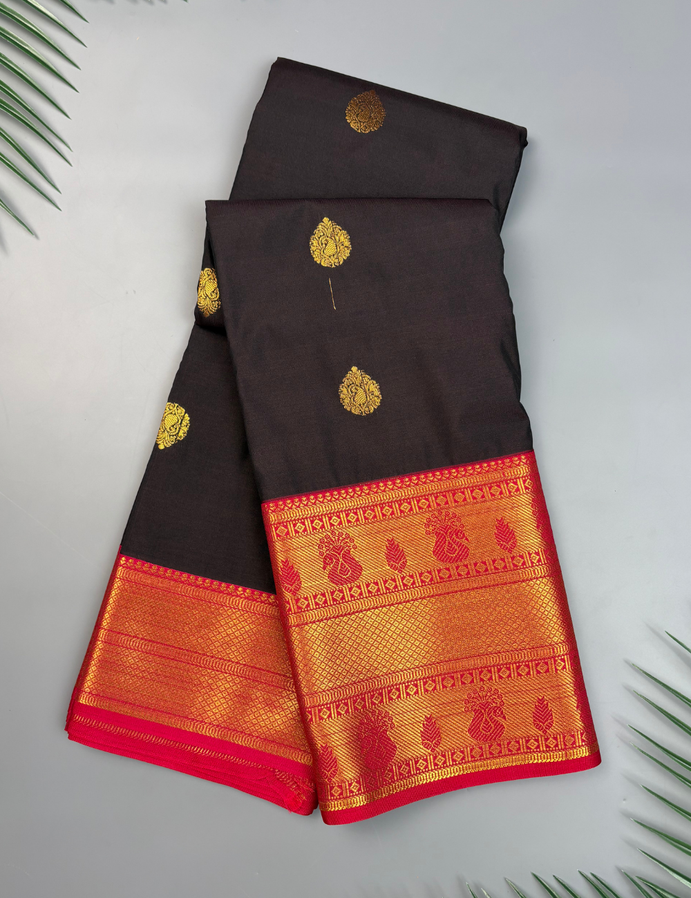 Black Soft Semi Silk Kanjivaram Saree with Red Korvai Gold Zari Border