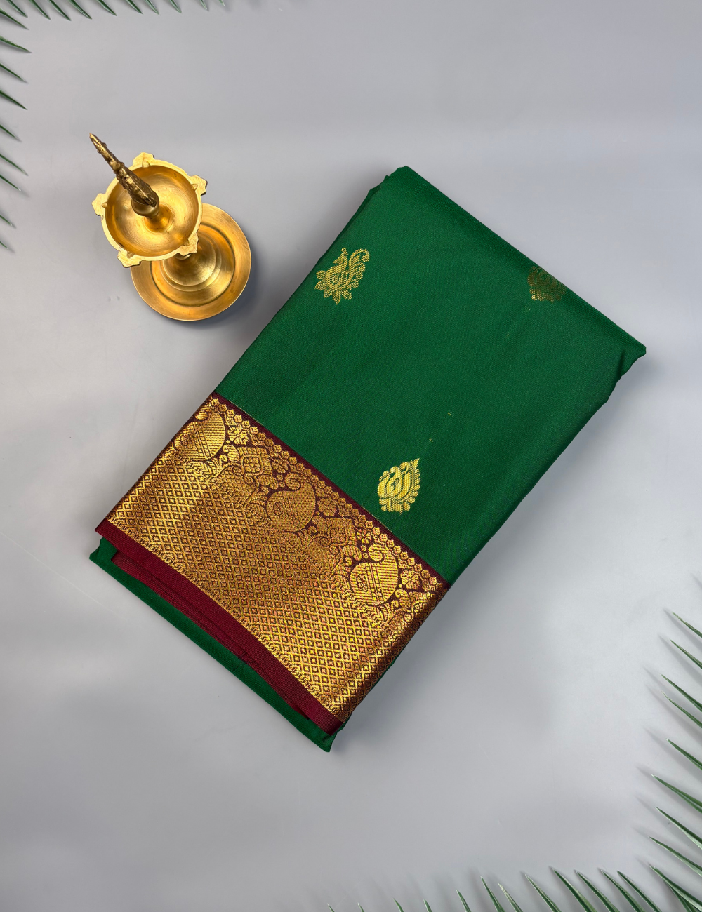 Bottle Green Soft Semi Silk Saree with Maroon Korvai Zari Border