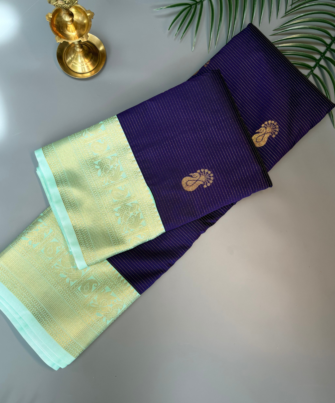 Royal Violet  Kanjivaram Semi Silk Saree with Mint Green Contrast Gold Zari Border | Traditional Wedding Silk Saree