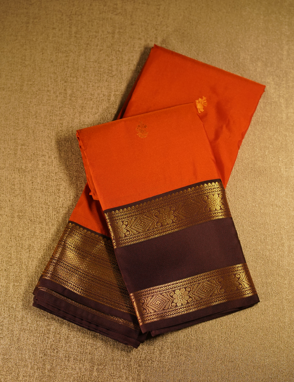 Rust Orange Soft Semi Silk Kanjivaram Saree with Brown Korvai Zari Border