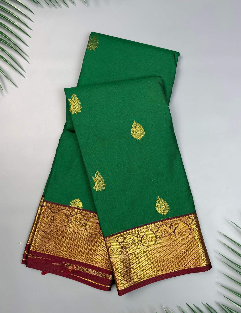 Bottle Green Soft Semi Silk Saree with Maroon Korvai Zari Border
