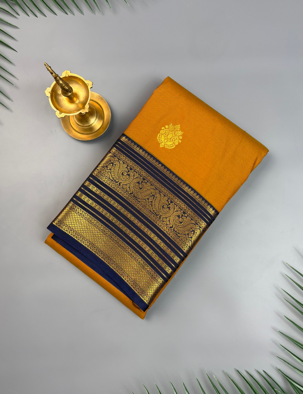 Mustard Soft Kanjivaram Semi Silk Saree with Navy  Korvai Zari Border