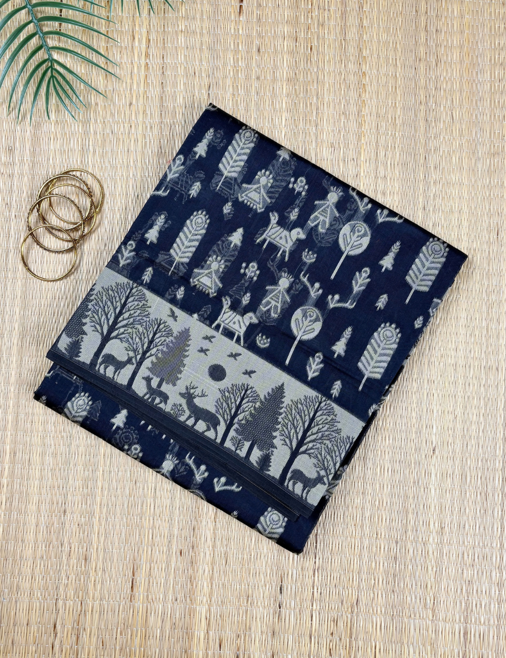 Midnight Blue Tribal Forest Aranya Cotton Saree with Elegant Border