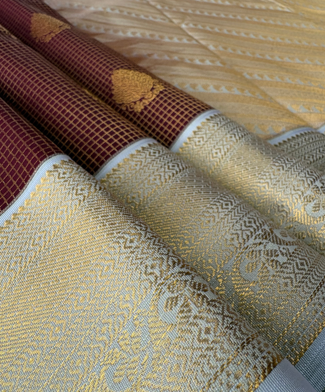 Brown Kanjivaram Semi Silk Saree with Ivory Gold Zari Border | Traditional Wedding Silk Saree