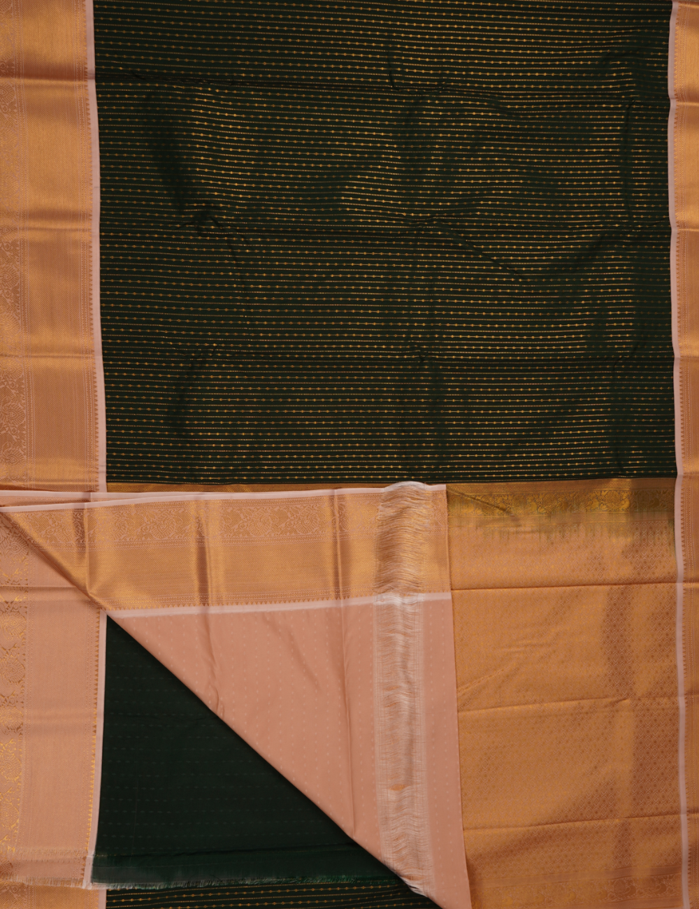 Bottle Green Soft Semi Silk Kanjivaram Saree with Half white Zari Border
