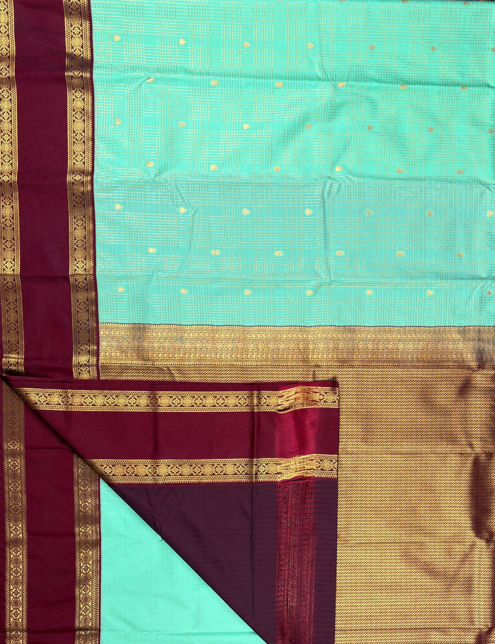 Sea green soft semi silk Kanjivaram Saree with Maroon Korvai Border