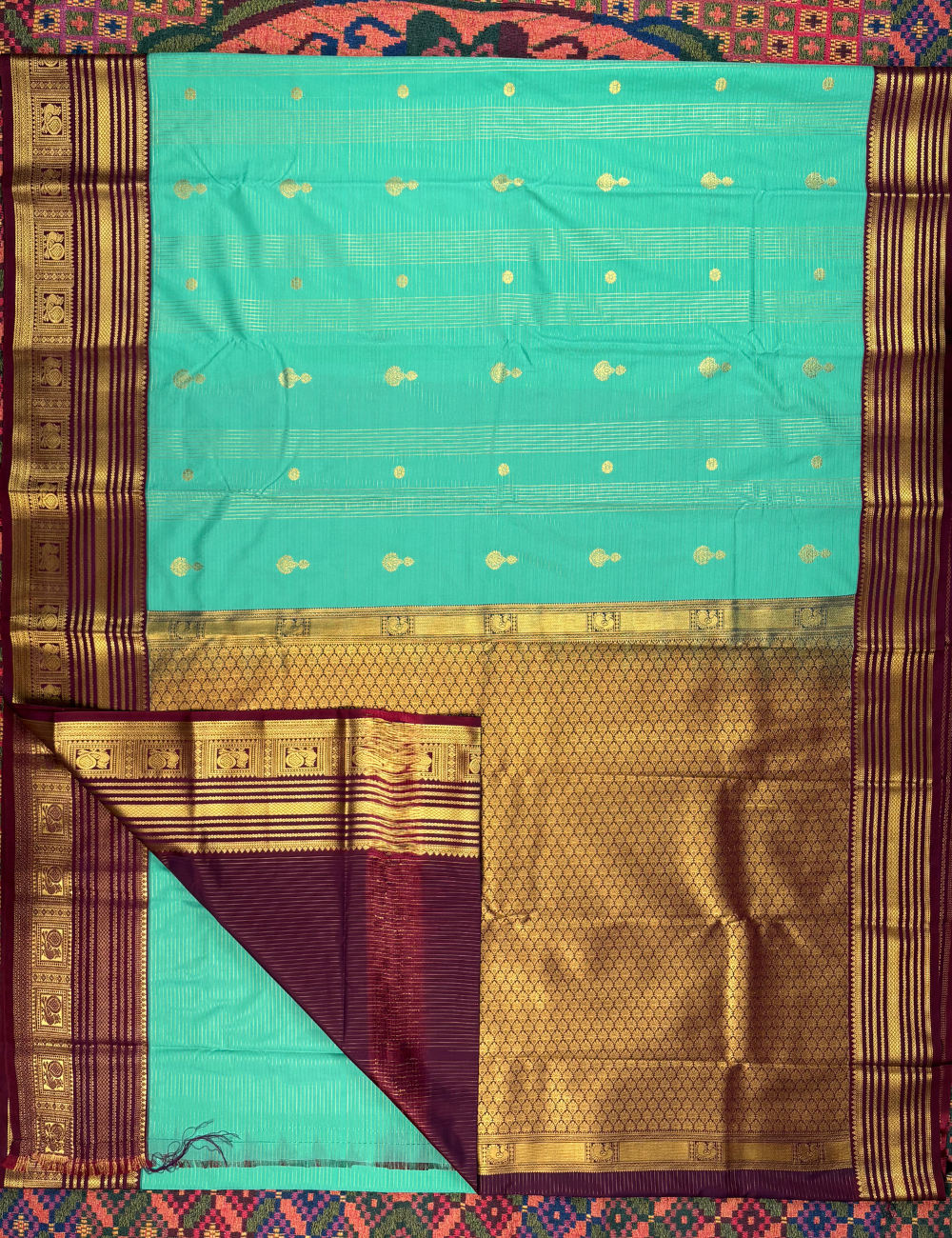 Sea Green Soft Semi Silk Kanjivaram Saree with Maroon Korvai Zari Border