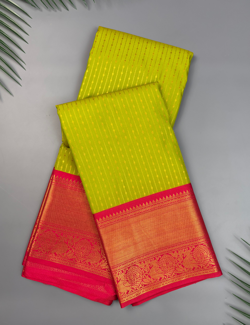 Parrot Green Soft Semi Silk Kanjivaram Saree with Pink Korvai Border