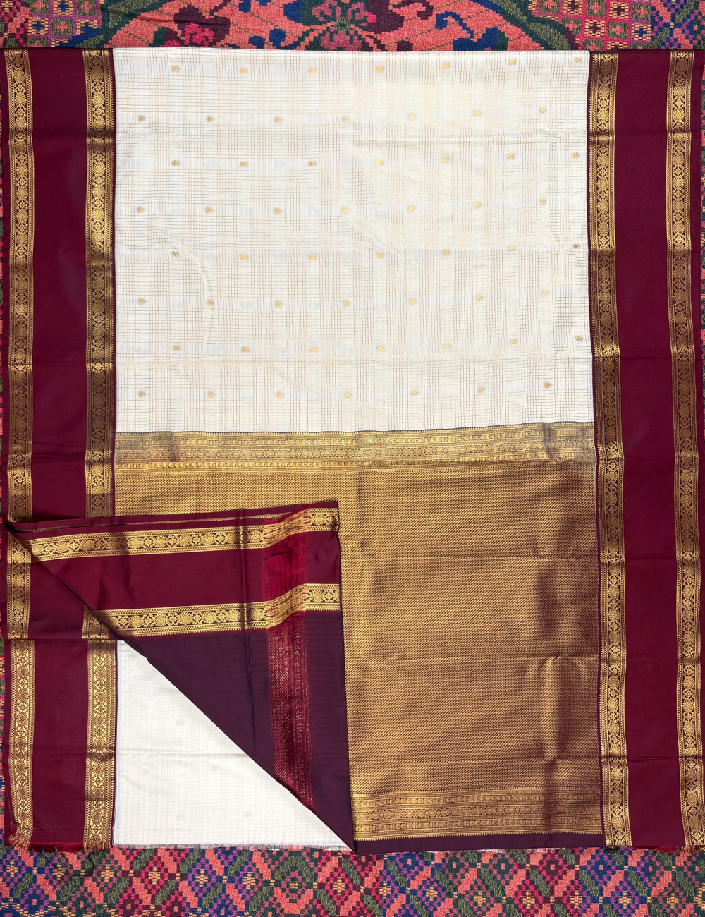 Ivory Soft Semi Silk Kanjivaram Saree with Maroon KorvaiZari Border