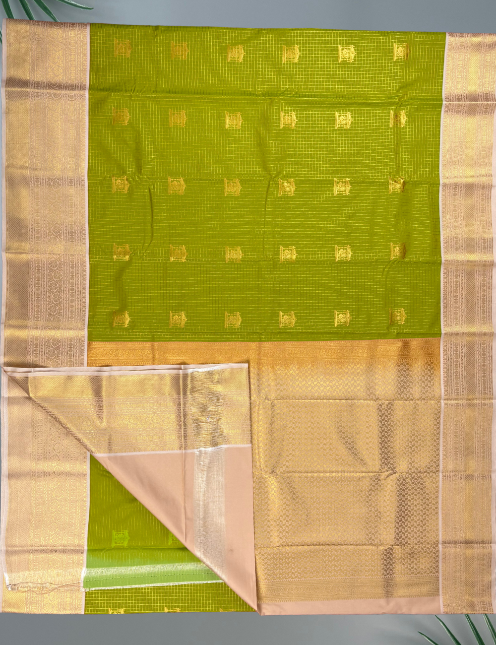 Green Kanjivaram Semi Silk Saree with Antique Gold Korvai Floral Brocade Zari Border