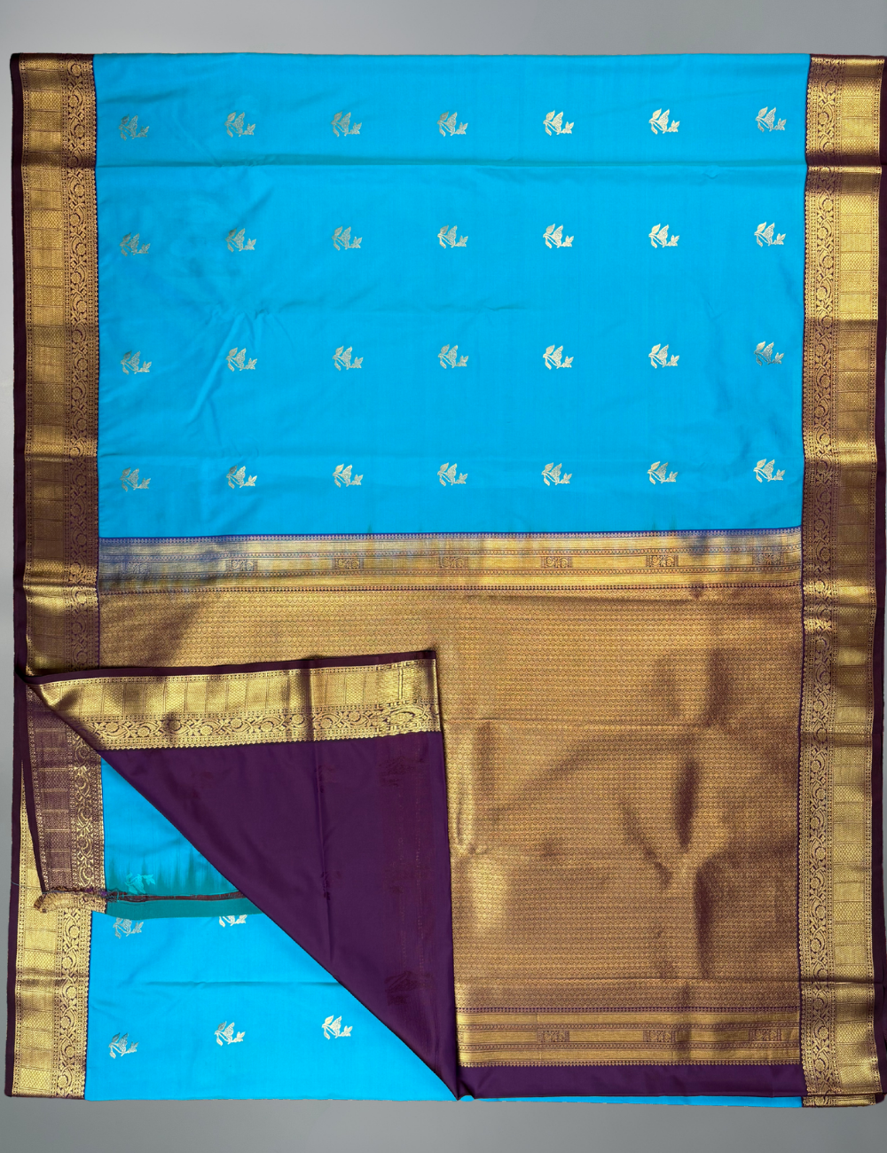 Sky blue Semi Silk Kanjivaram Saree with brown purple Border