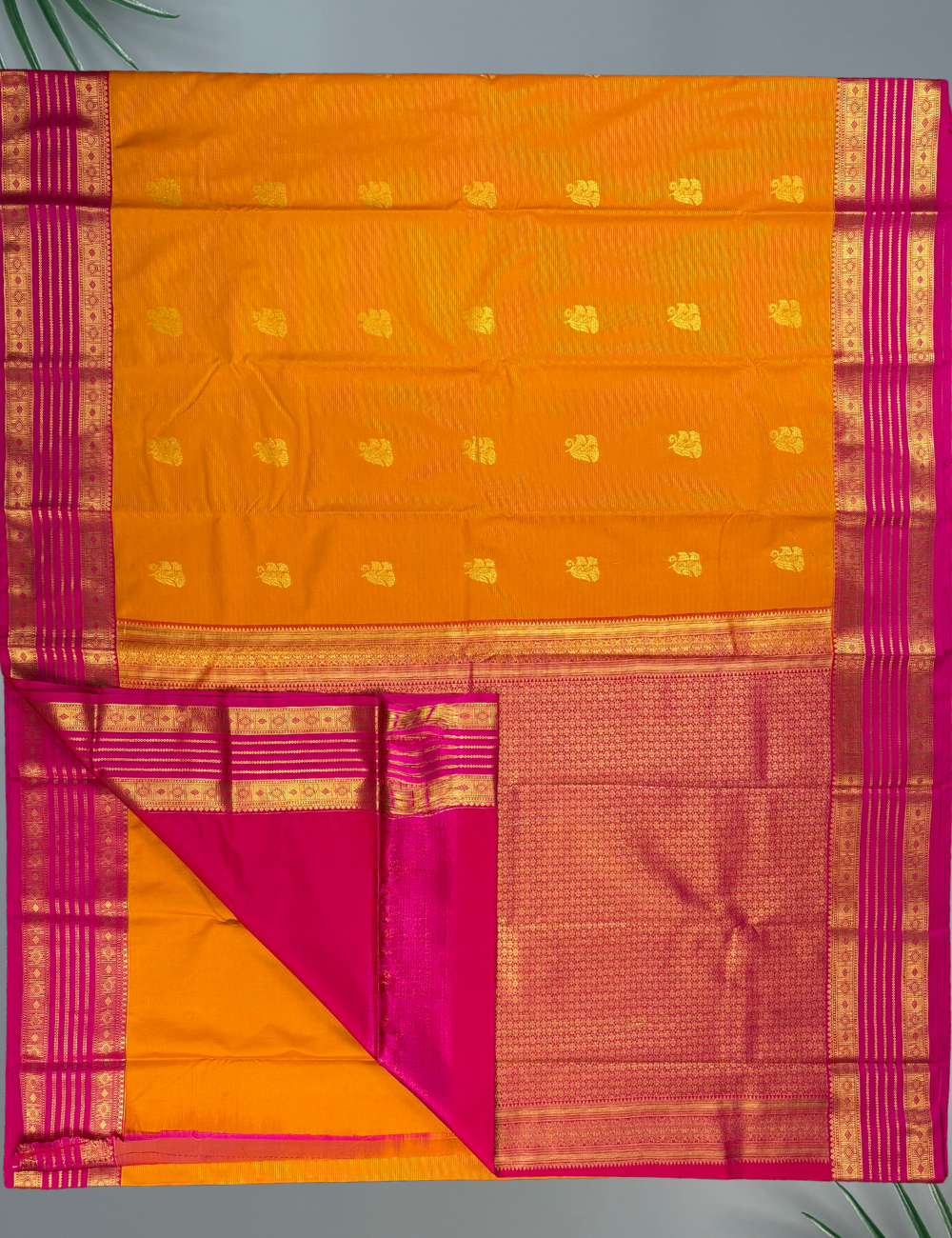 Golden Yellow Soft Semi Silk Kanjivaram Saree with Rani Pink Korvai Gold Zari Border