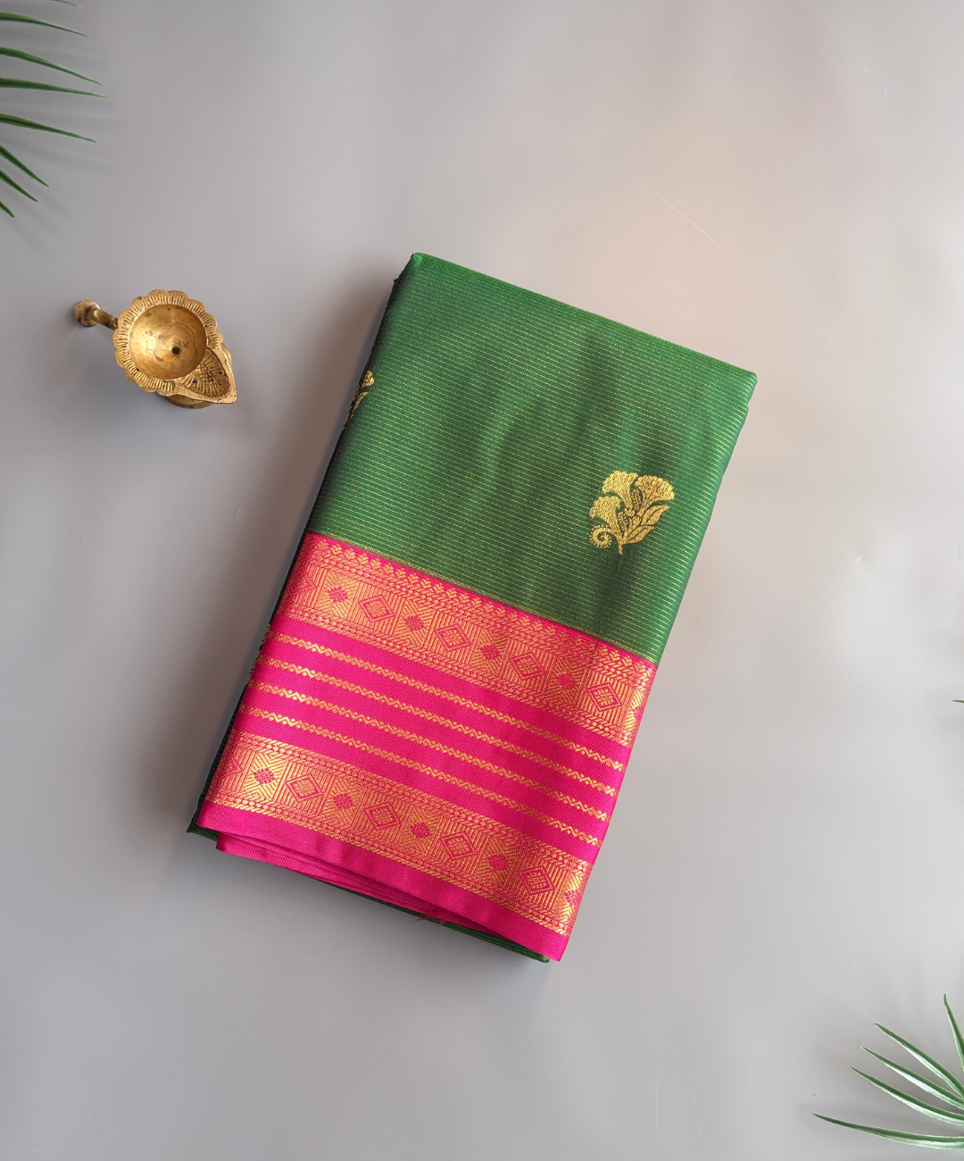 Emerald Green Soft Semi Silk Kanjivaram Saree with traditional Korvai Rani Pink Border