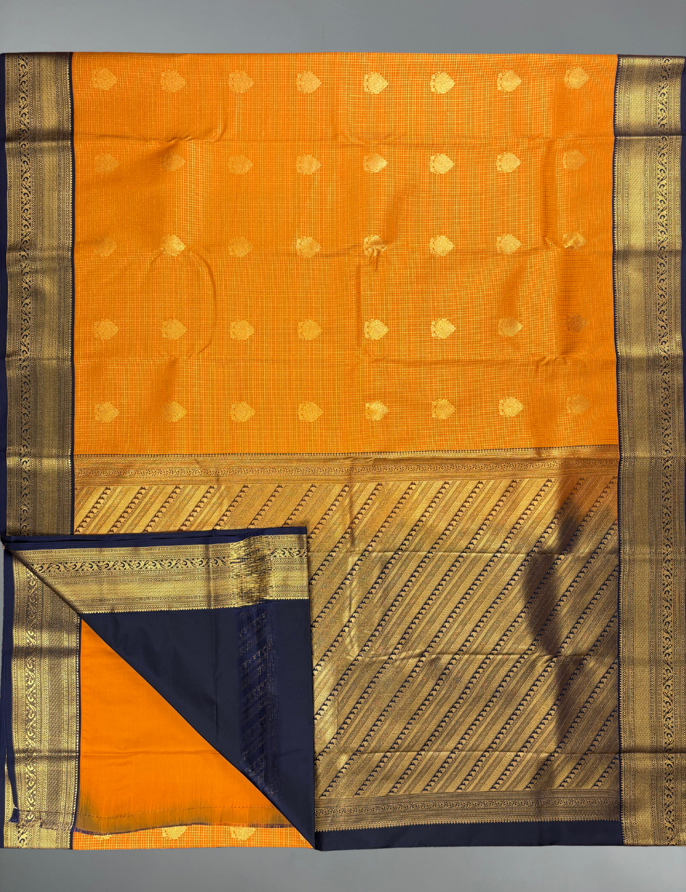 Marigold yellow Soft Kanjivaram Semi Silk with Korvai Navy Border Saree