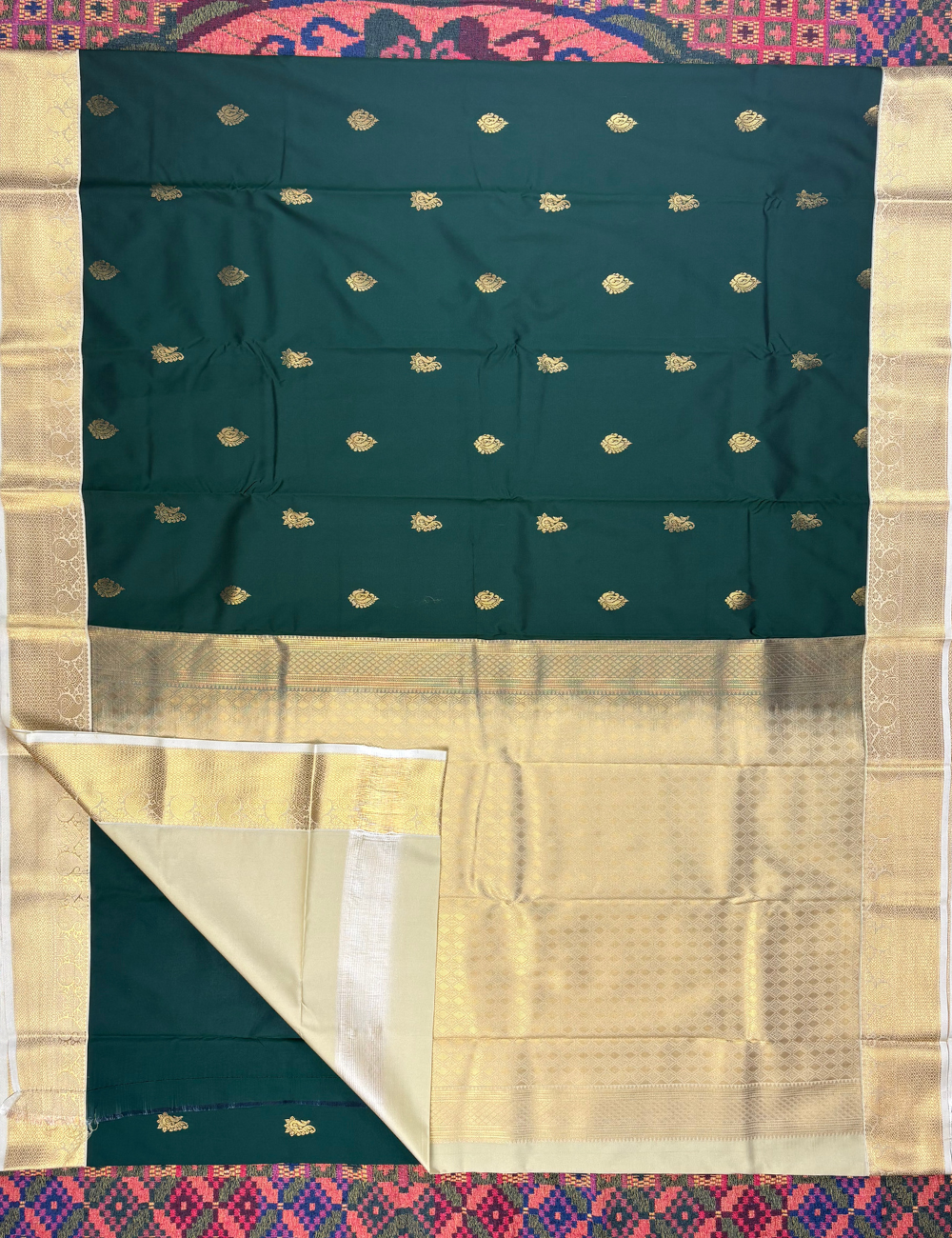 Bottle Green Soft Kanjivaram Semi Silk Saree with Ivory Golden Zari Border