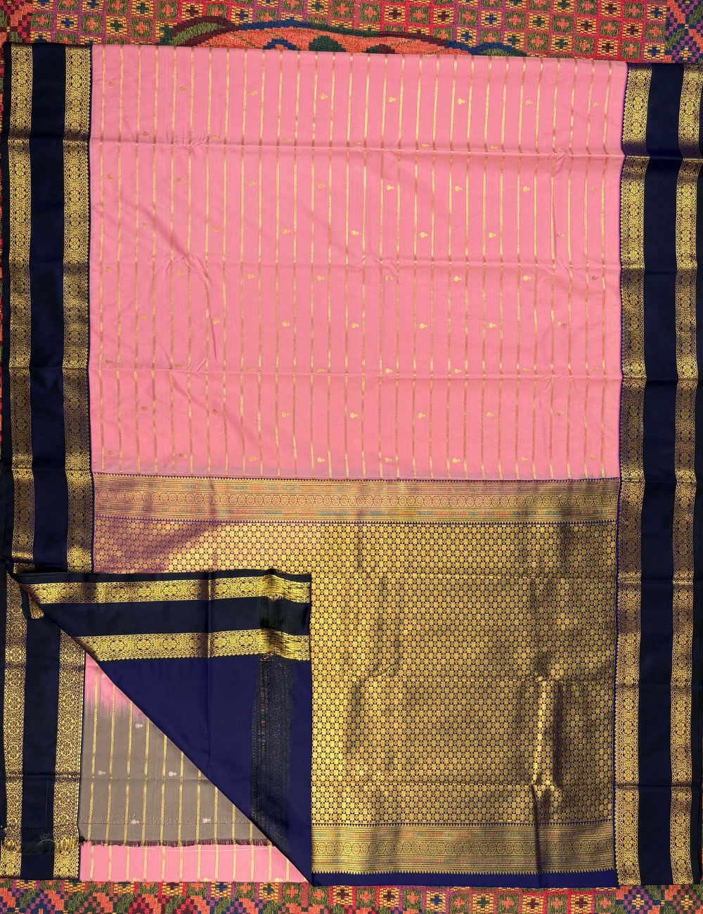 Pink Soft Semi Silk Kanjivaram Saree with Navy Blue Korvai Gold Zari Border
