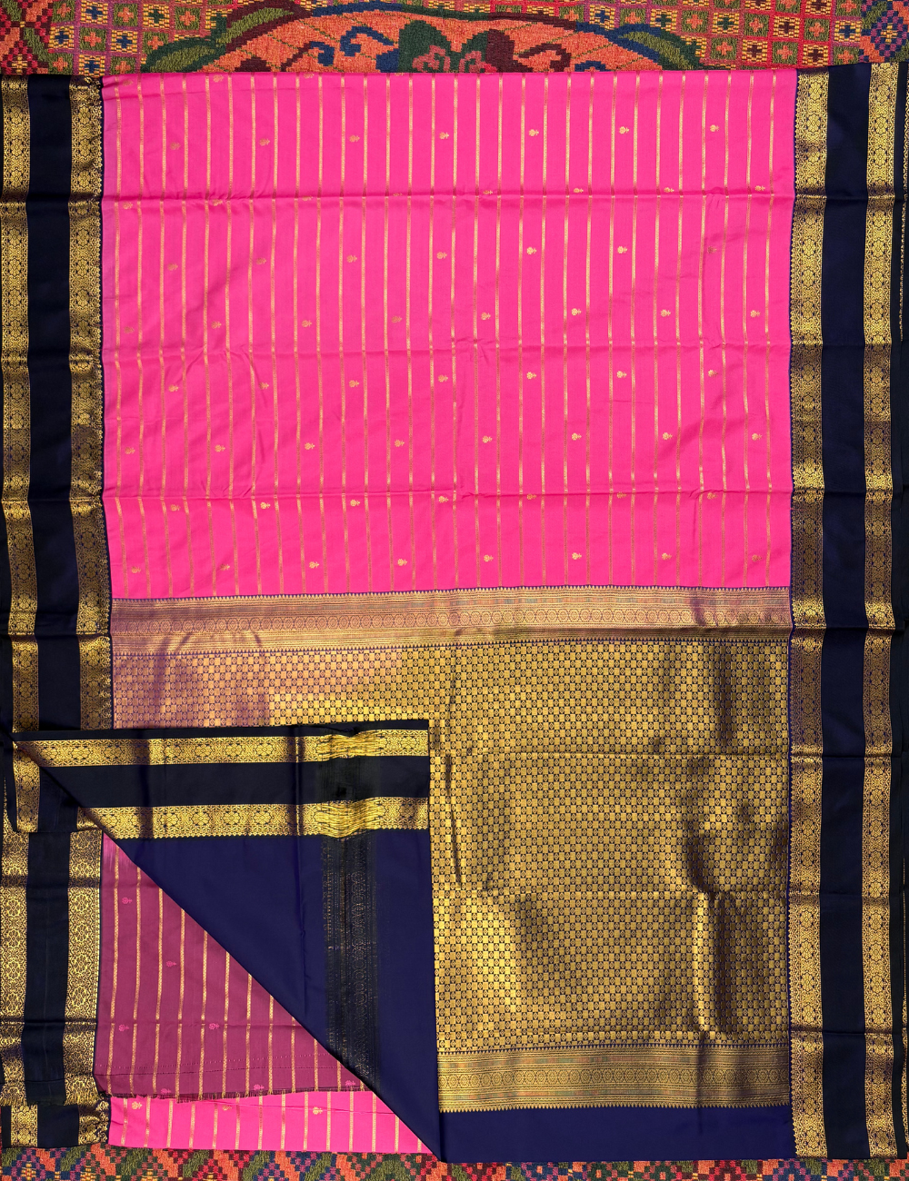 Rose Pink Soft Semi Silk Kanjivaram Saree with Navy Blue Korvai Gold Zari Border